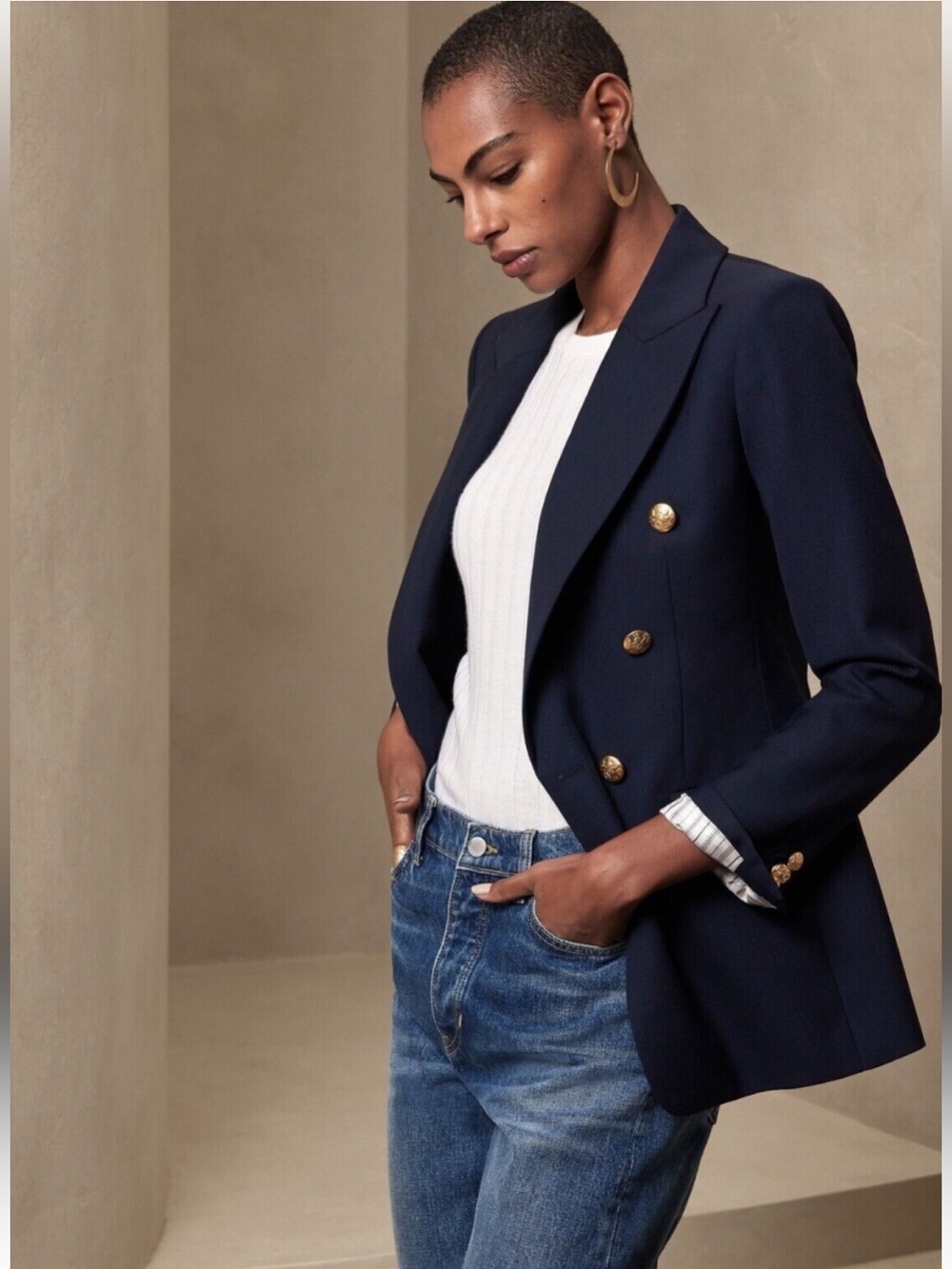 Banana Republic Navy Wool Blend Double-Breasted Captain Blazer with Gold Buttons